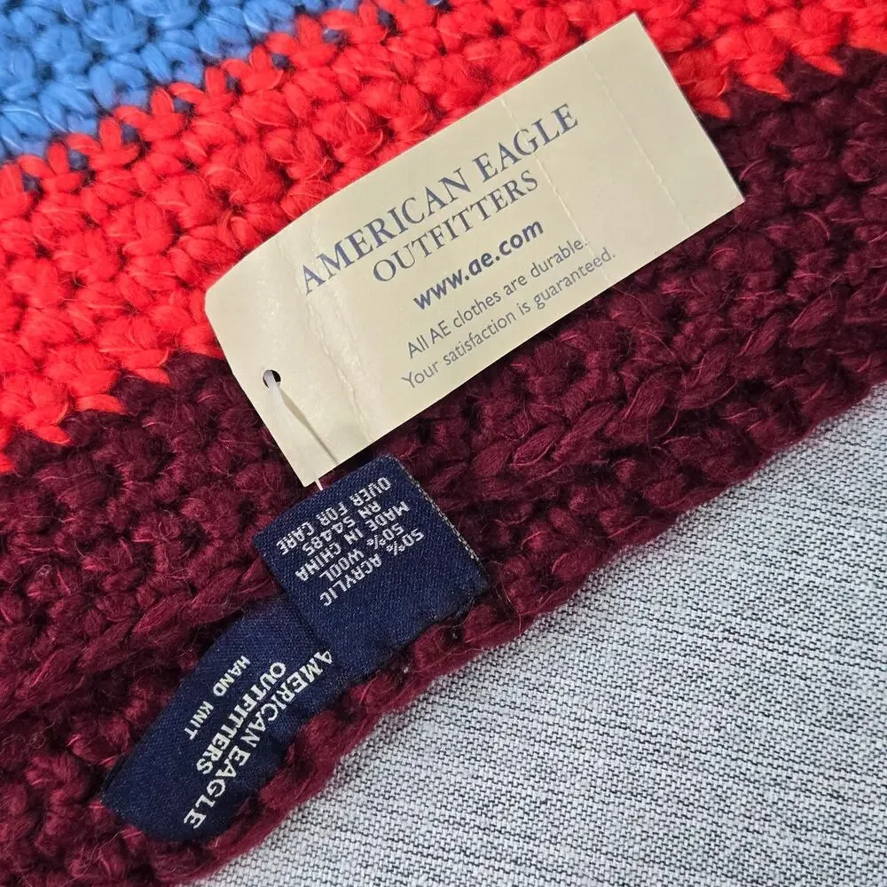 American Eagle Rainbow Stripe NWT Wool Blend Hand Knit Scarf Cozy Warm Winter